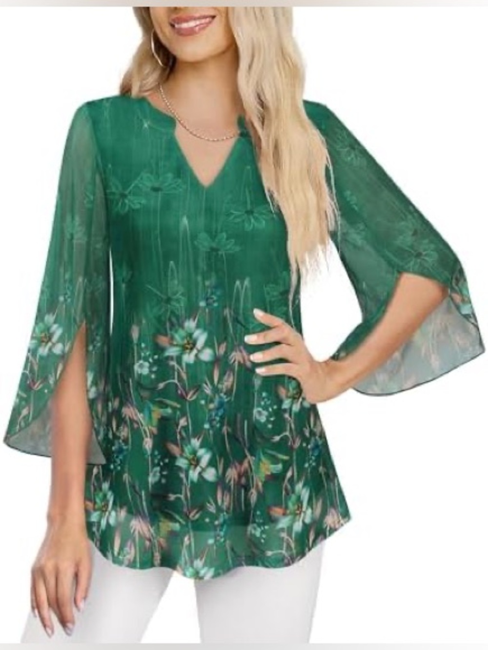 VALOLIA Emerald Floral V-Neck Bell-Sleeve Tunic Top. L. NWT.
